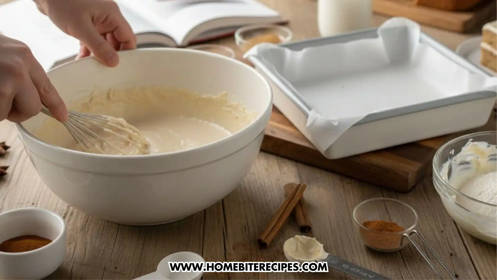 A person whisking a creamy light-colored cake batter in a large white bowl, surrounded by baking supplies like cinnamon sticks, star anise, and a lined square baking pan.