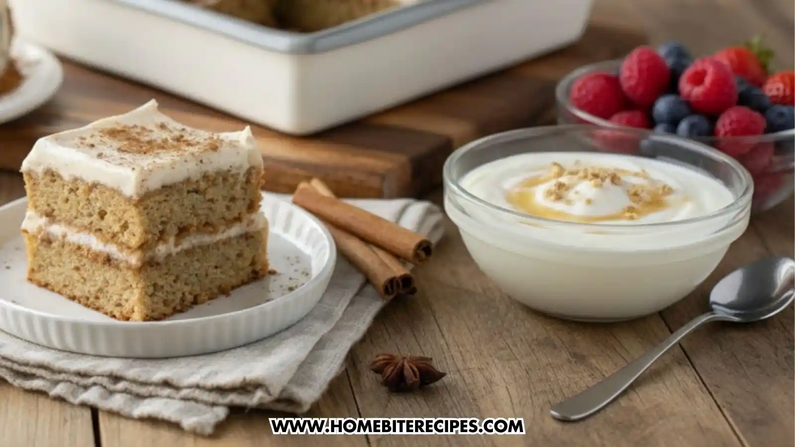 A square slice of two-layer chai spiced cake with white frosting on a small white plate, served with a side bowl of yogurt topped with honey and fresh berries.