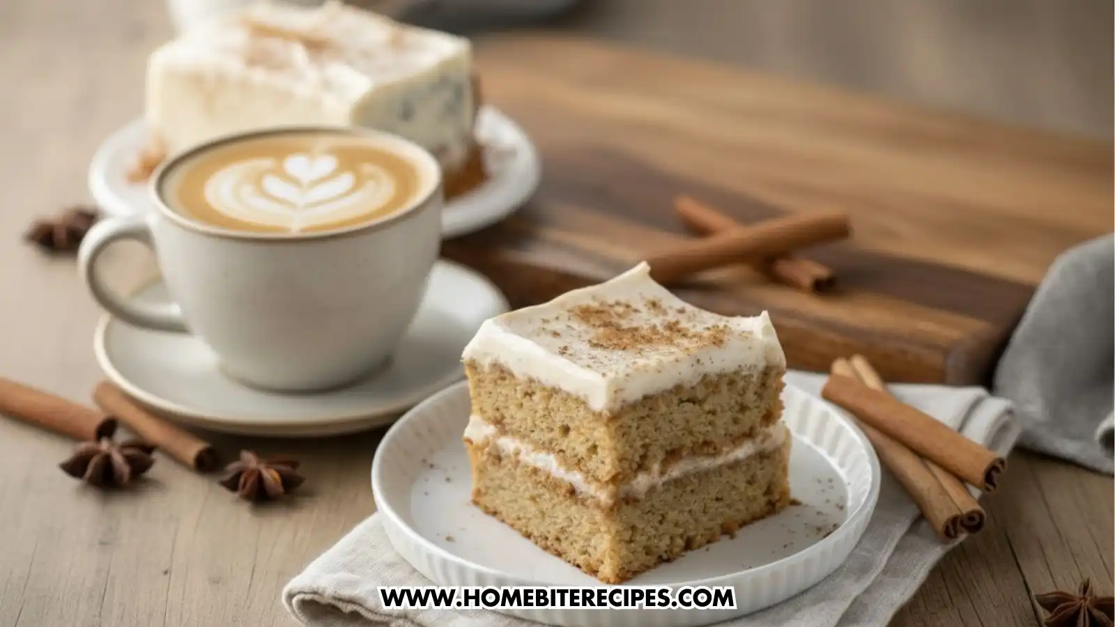 A slice of chai spiced layer cake positioned next to a hot latte with heart-shaped foam art, decorated with cinnamon sticks and star anise on a wooden tabletop.