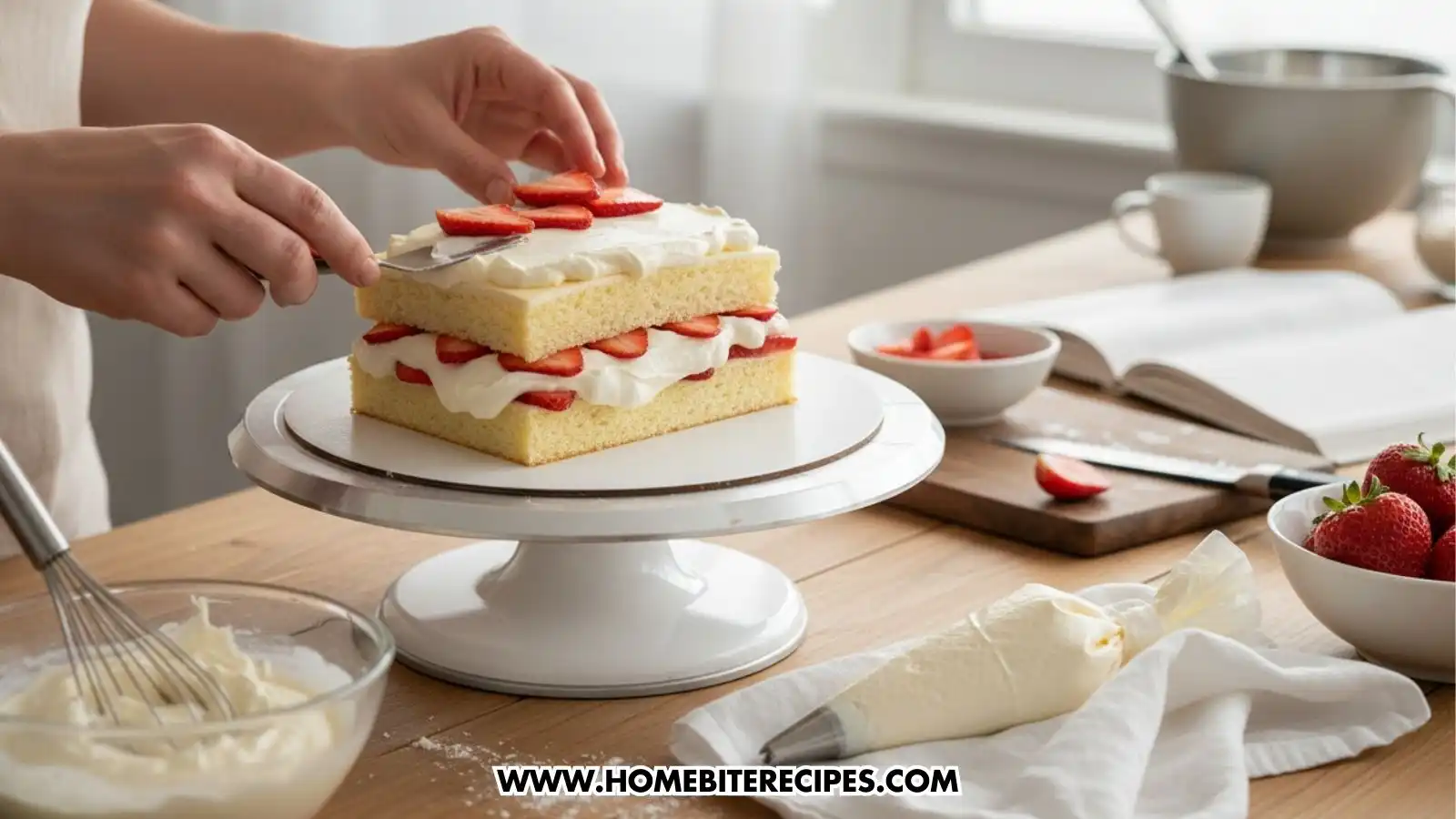 A baker’s hands assembling the strawberry cream cake on a white rotating cake stand. The baker is using a spatula to spread white cream over a second layer of sponge cake, which sits on top of a lower layer already filled with cream and sliced strawberries. A whisk, piping bag, and bowls of fresh strawberries are scattered on the wooden workspace.