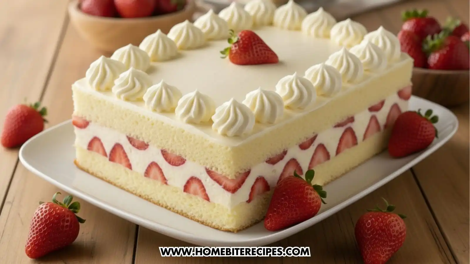 A full, rectangular strawberry cream layer cake on a white platter. The cake features two layers of light sponge bread sandwiching a thick layer of white whipped cream and sliced strawberries. The top is frosted smooth and decorated with a border of piped cream swirls and a single fresh strawberry in the center.