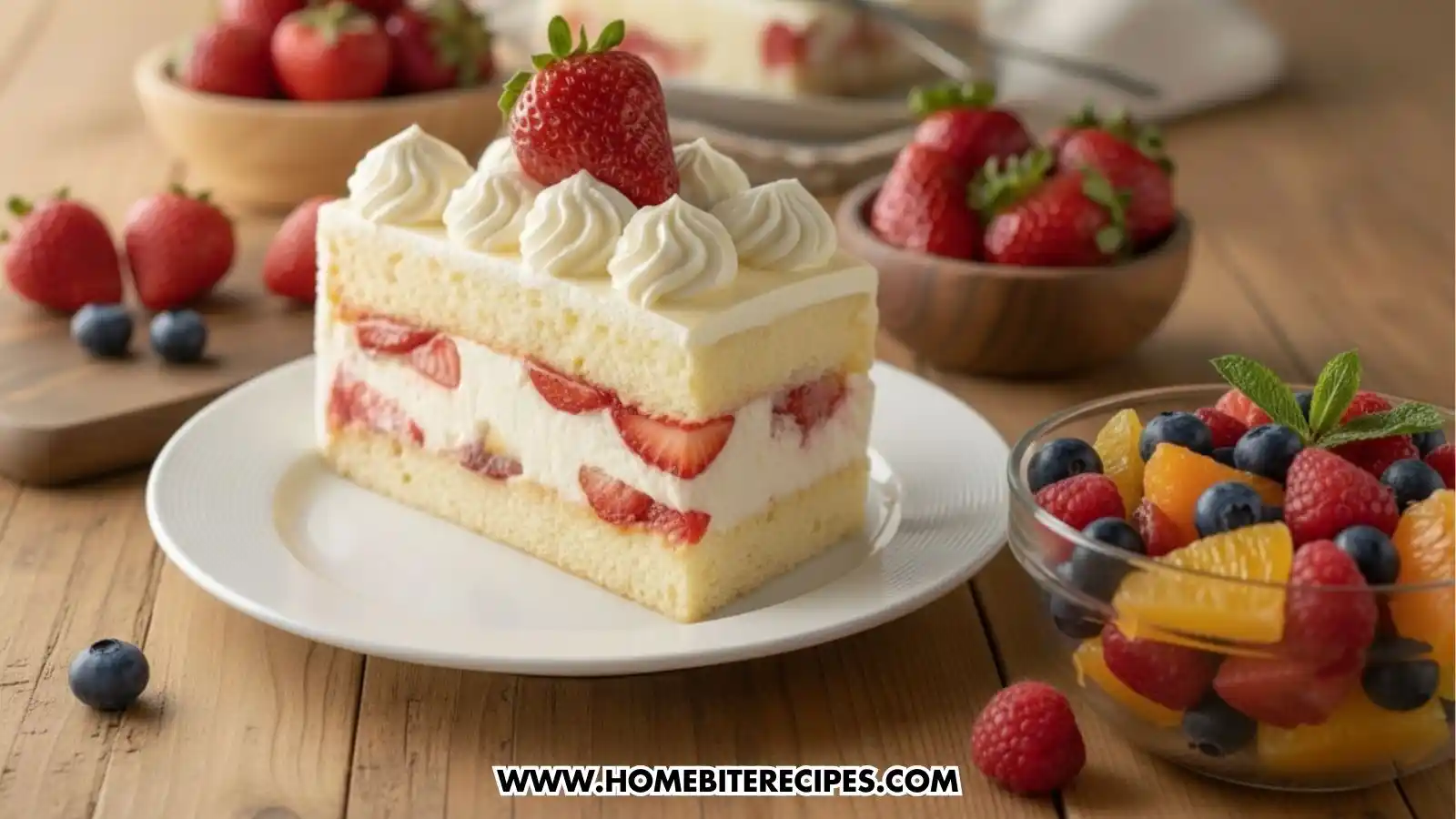 A rectangular slice of Strawberry Cream Layer Cake served on a white plate. The side view reveals the neat layers of sponge, cream, and fresh strawberry slices. The slice is topped with several piped whipped cream dollops and a whole strawberry. A glass bowl of mixed fruit salad and fresh berries are visible in the background.
