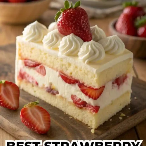 Slice of strawberry cream layer cake made with fluffy vanilla sponge, fresh strawberry slices, and homemade Chantilly cream frosting on a wooden board.