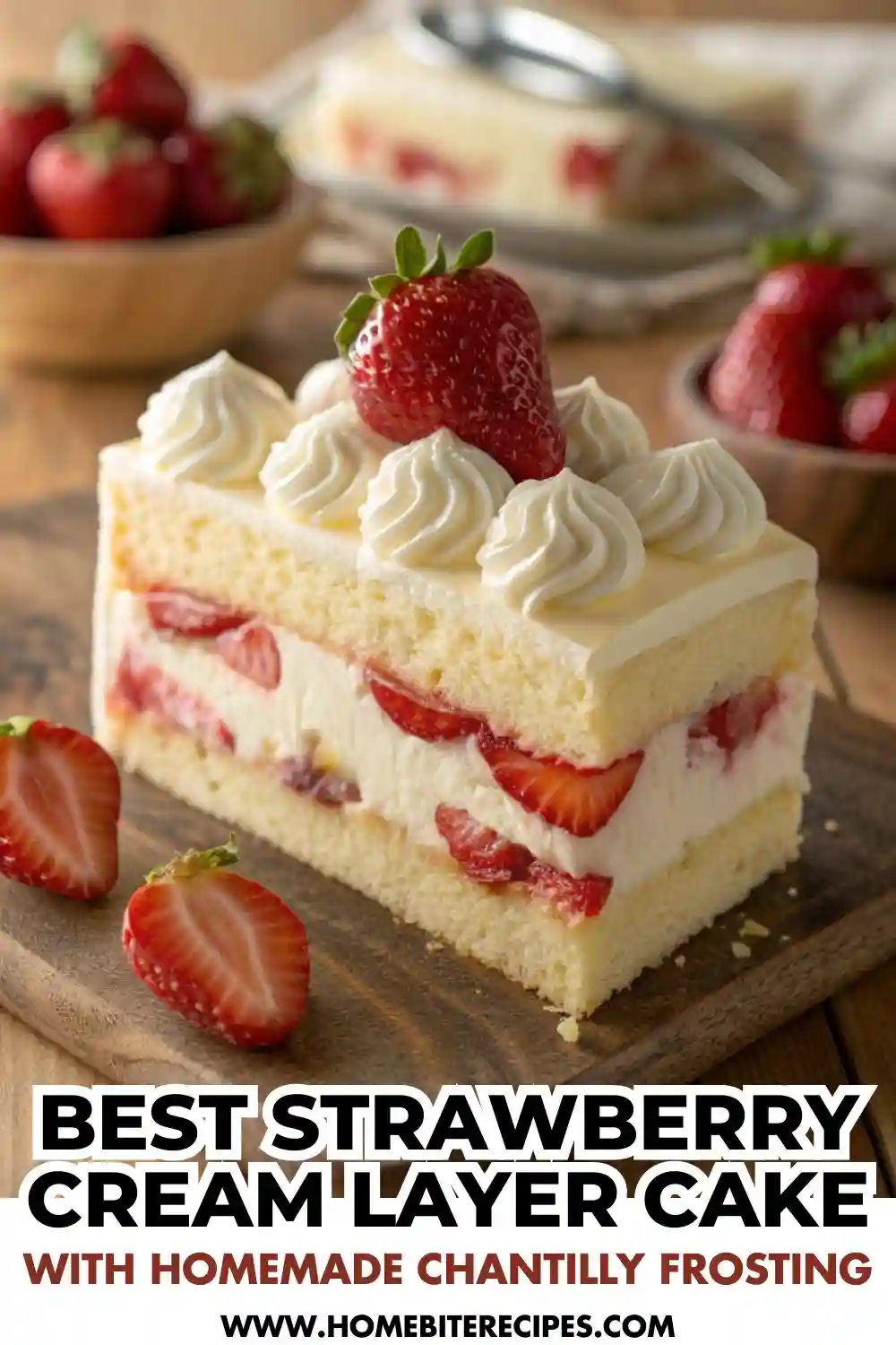 Slice of strawberry cream layer cake made with fluffy vanilla sponge, fresh strawberry slices, and homemade Chantilly cream frosting on a wooden board.