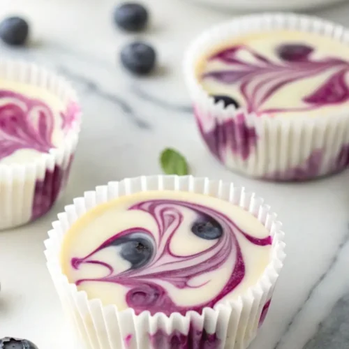 Mini blueberry swirl cheesecake cups in white muffin liners on a marble surface, topped with purple blueberry puree swirls and fresh whole blueberries around them.