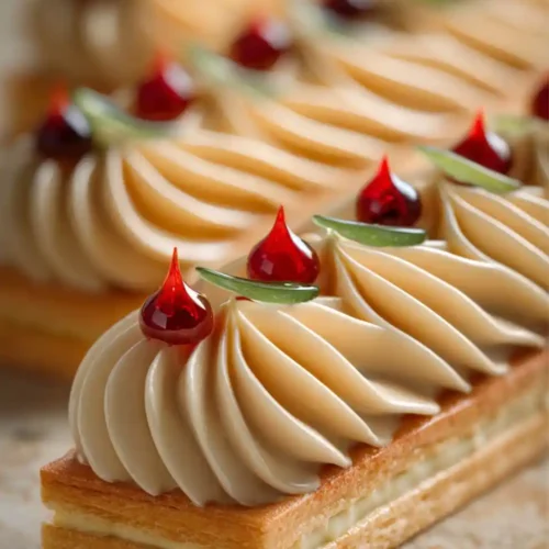 Close-up image of elegant rectangular puff pastry squares topped with swirls of caramel cream, red jelly drops, and tiny green sugar leaves, arranged in a neat pattern on a textured surface.