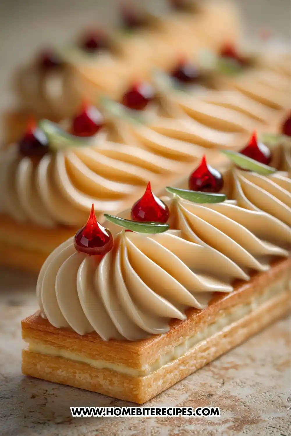 Close-up image of elegant rectangular puff pastry squares topped with swirls of caramel cream, red jelly drops, and tiny green sugar leaves, arranged in a neat pattern on a textured surface.