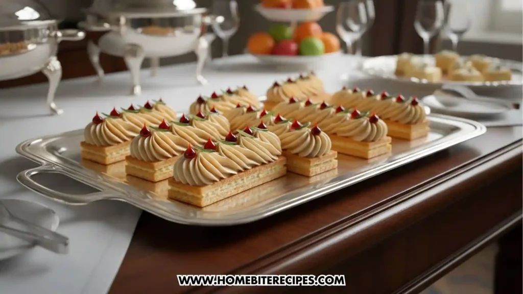 Close-up image of elegant rectangular puff pastry squares topped with swirls of caramel cream, red jelly drops, and tiny green sugar leaves, arranged in a neat pattern on a textured surface.