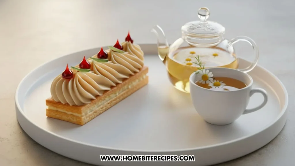 Close-up image of elegant rectangular Caramel Cream Puff Pastry Squares topped with swirls of caramel cream, red jelly drops, and tiny green sugar leaves, arranged in a neat pattern on a textured surface, served with a camomille infusion.