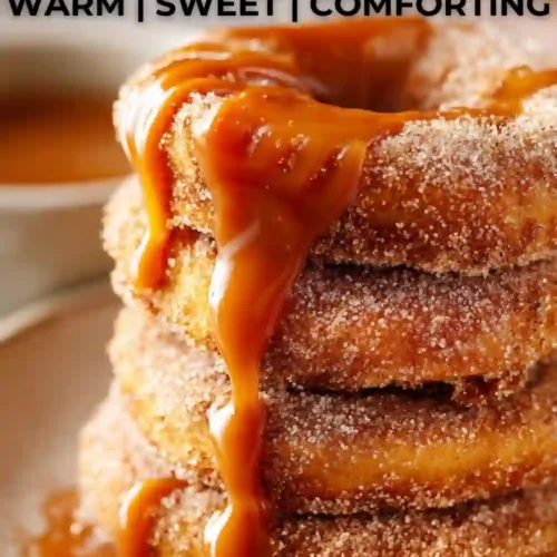 Stack of cinnamon sugar donuts covered in warm dripping caramel sauce on a plate.