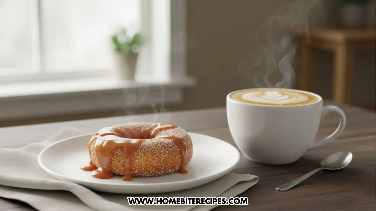 Close up of a Caramel Glazed Crunchy Donuts served with a warm latte for breakfast