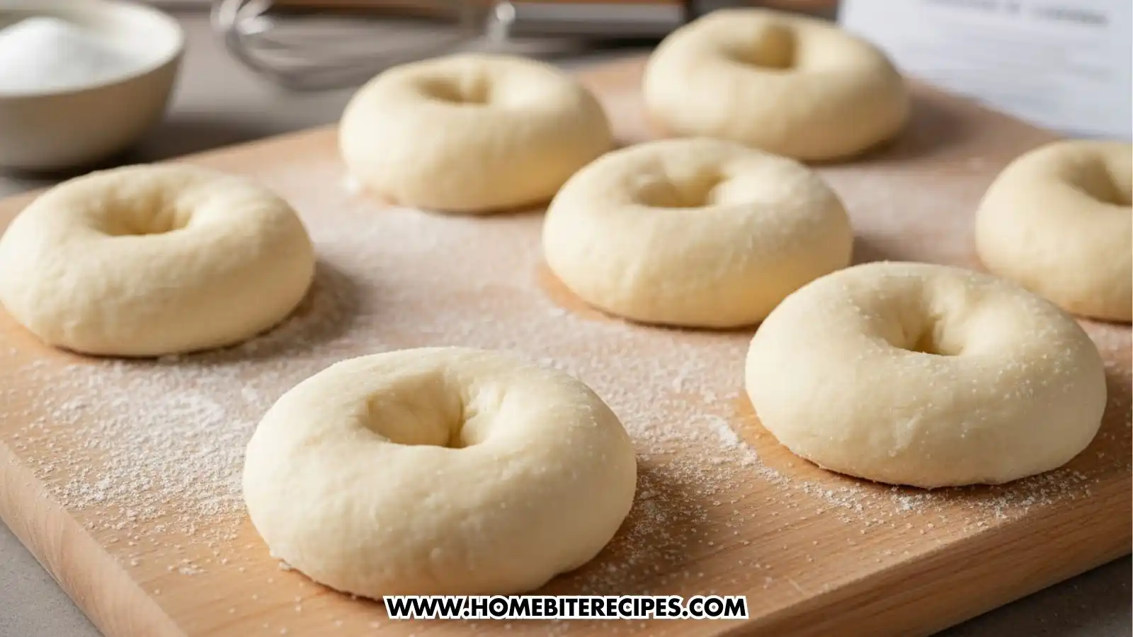 Close up of Risen donut dough on a lightly floured surface.