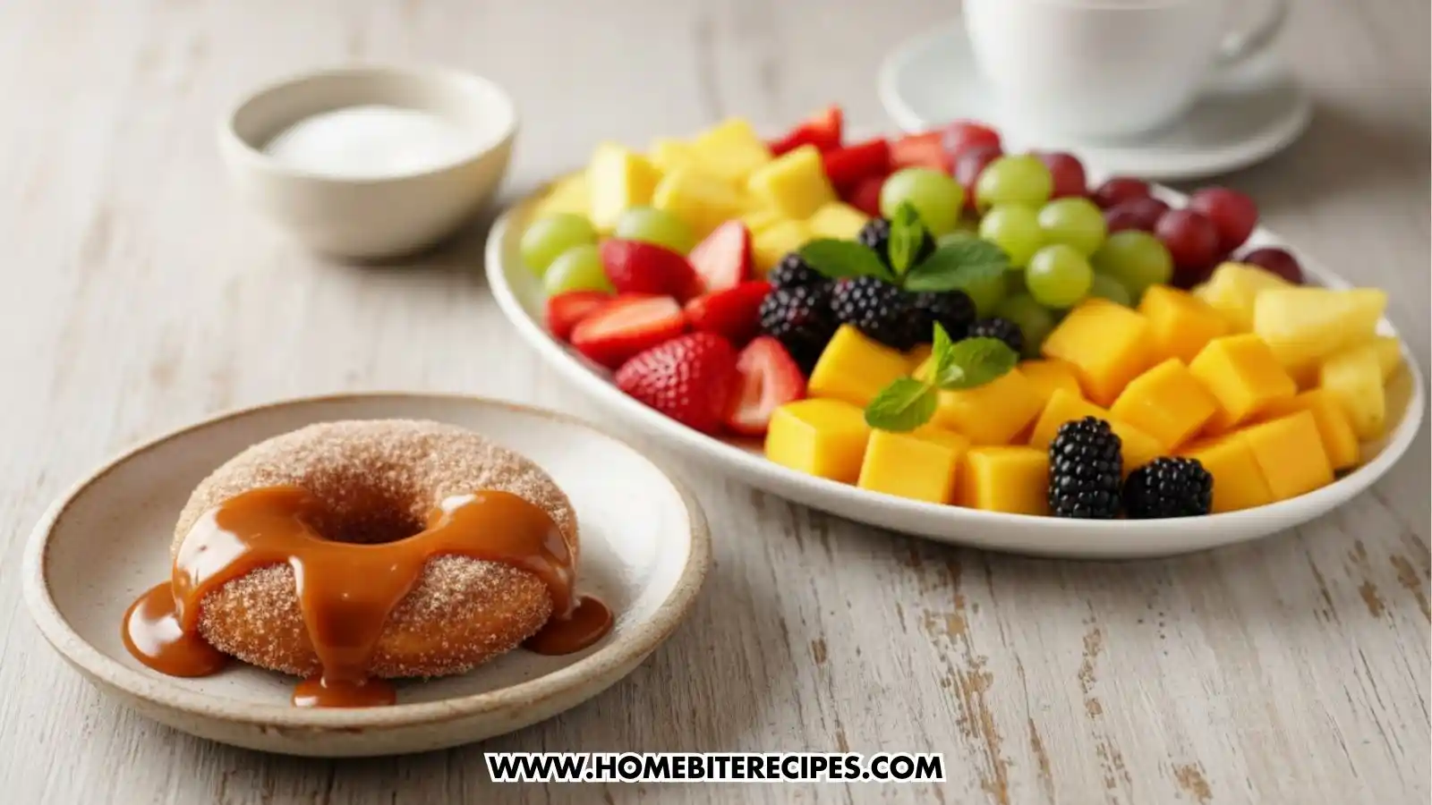 Caramel Glazed Crunchy Donuts served with a fruit platter