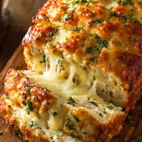 Golden baked cheesy garlic chicken bread loaf with melted cheese stretching between slices, topped with herbs, served on a wooden board.