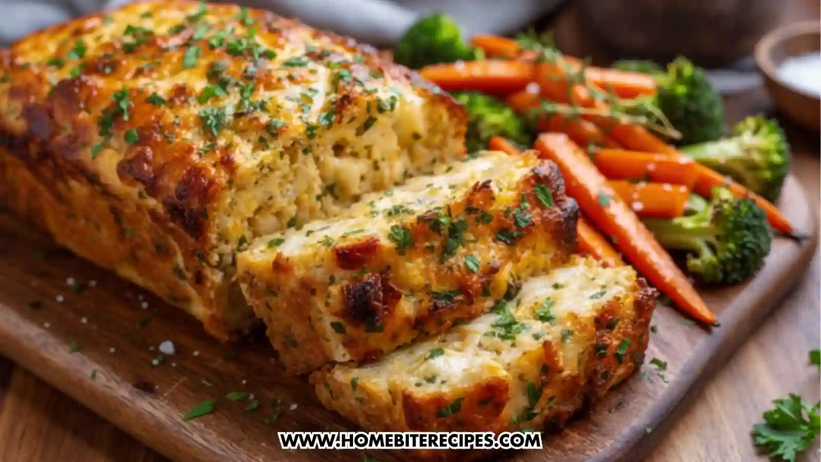 Cheesy Garlic Chicken Bread served with roasted carrots and broccoli on a wood plate