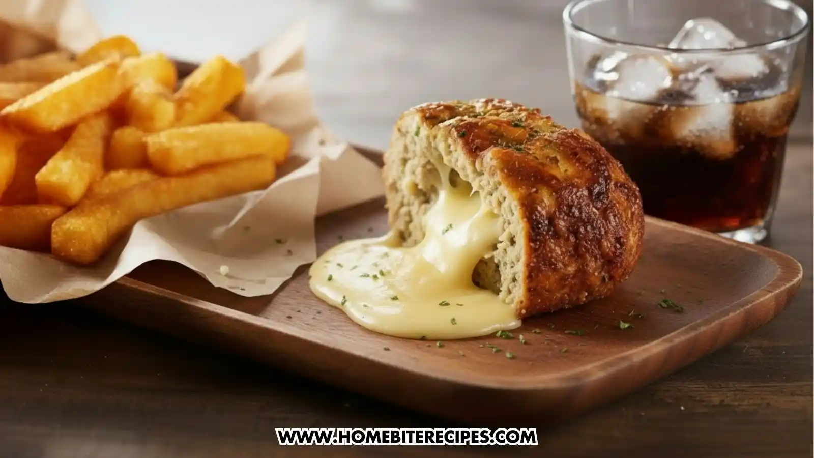 A slice of Cheesy Garlic Chicken Bread served with fries and a cup of iced cola
