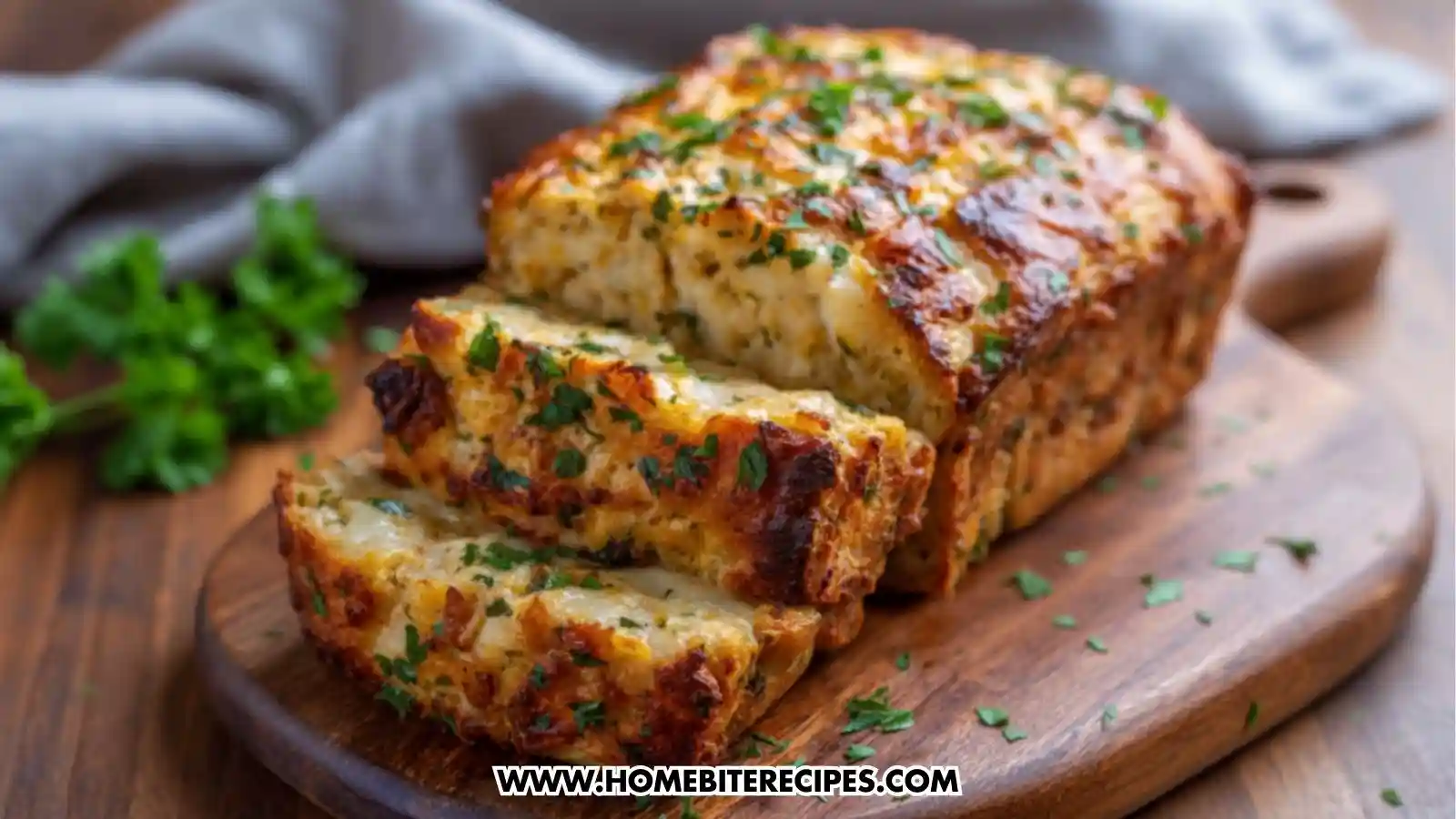 Golden baked cheesy garlic chicken bread loaf with melted cheese stretching between slices, topped with herbs, served on a wooden board.