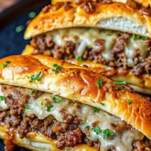A close-up view of toasted garlic bread stuffed with seasoned ground beef and melted cheese, garnished with fresh herbs, arranged on a plate.