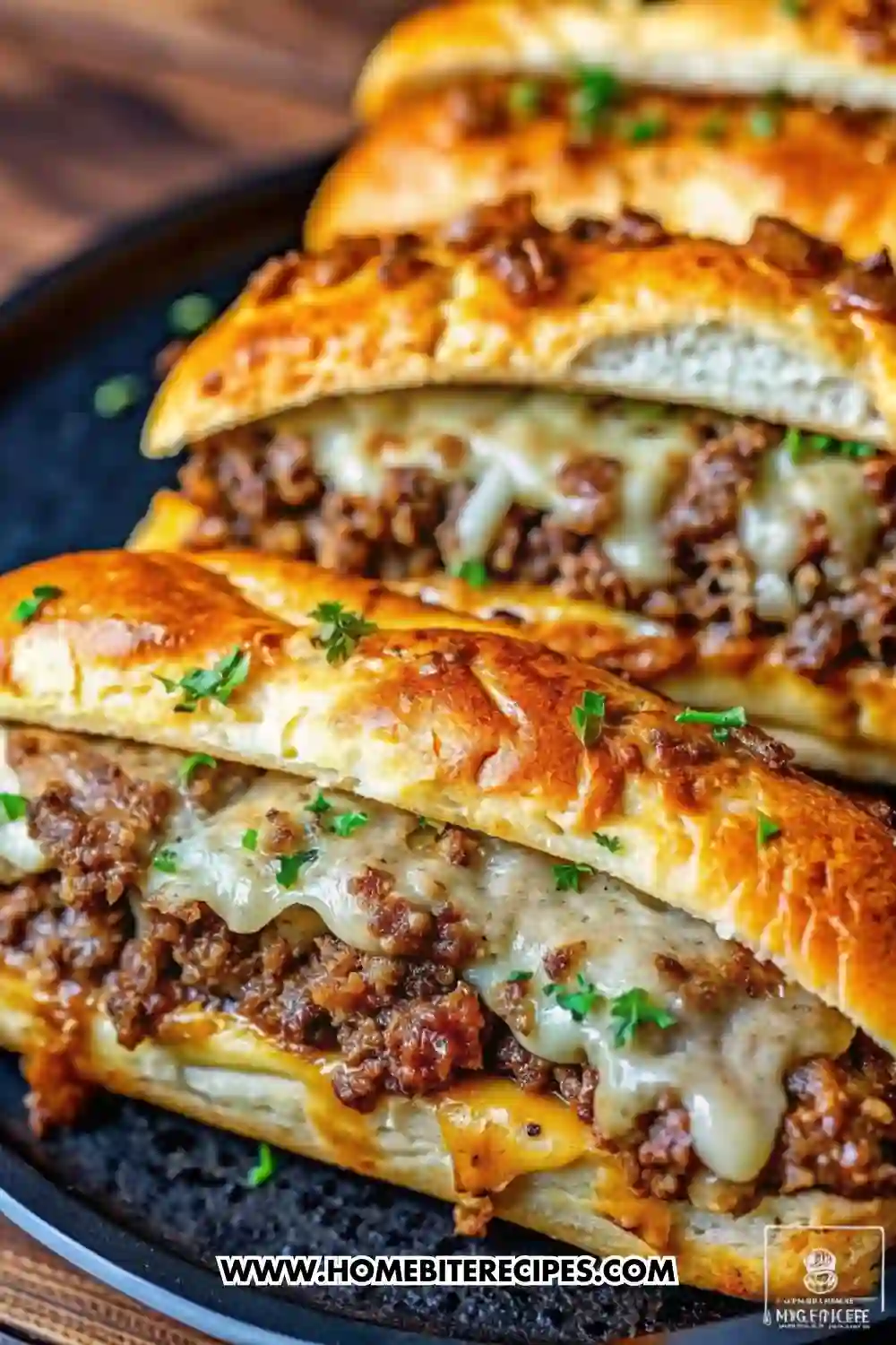 A close-up view of toasted garlic bread stuffed with seasoned ground beef and melted cheese, garnished with fresh herbs, arranged on a plate.