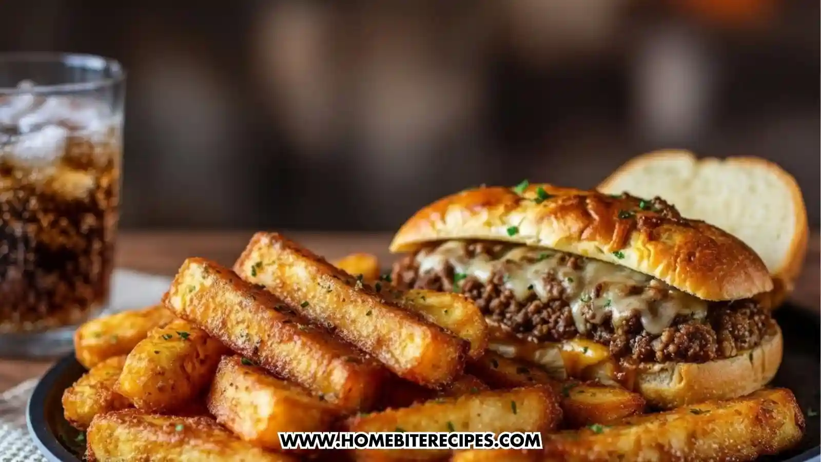 A close-up view of toasted Cheesy Ground Beef Stuffed Garlic Bread served with fries and iced soda for comfort lunch