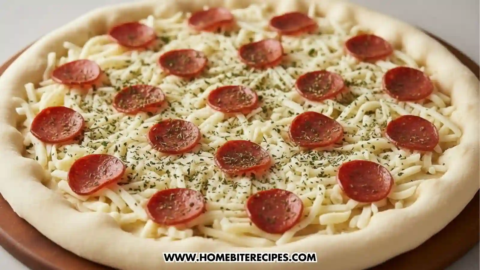 An overhead view of an unbaked pepperoni pizza prepared on a wooden peel. The raw dough has a raised outer rim and is topped with a dense layer of shredded white mozzarella cheese. Approximately fifteen slices of pepperoni are evenly distributed across the top, each sprinkled with dried green herbs like oregano or parsley. The background is a clean, neutral white.
