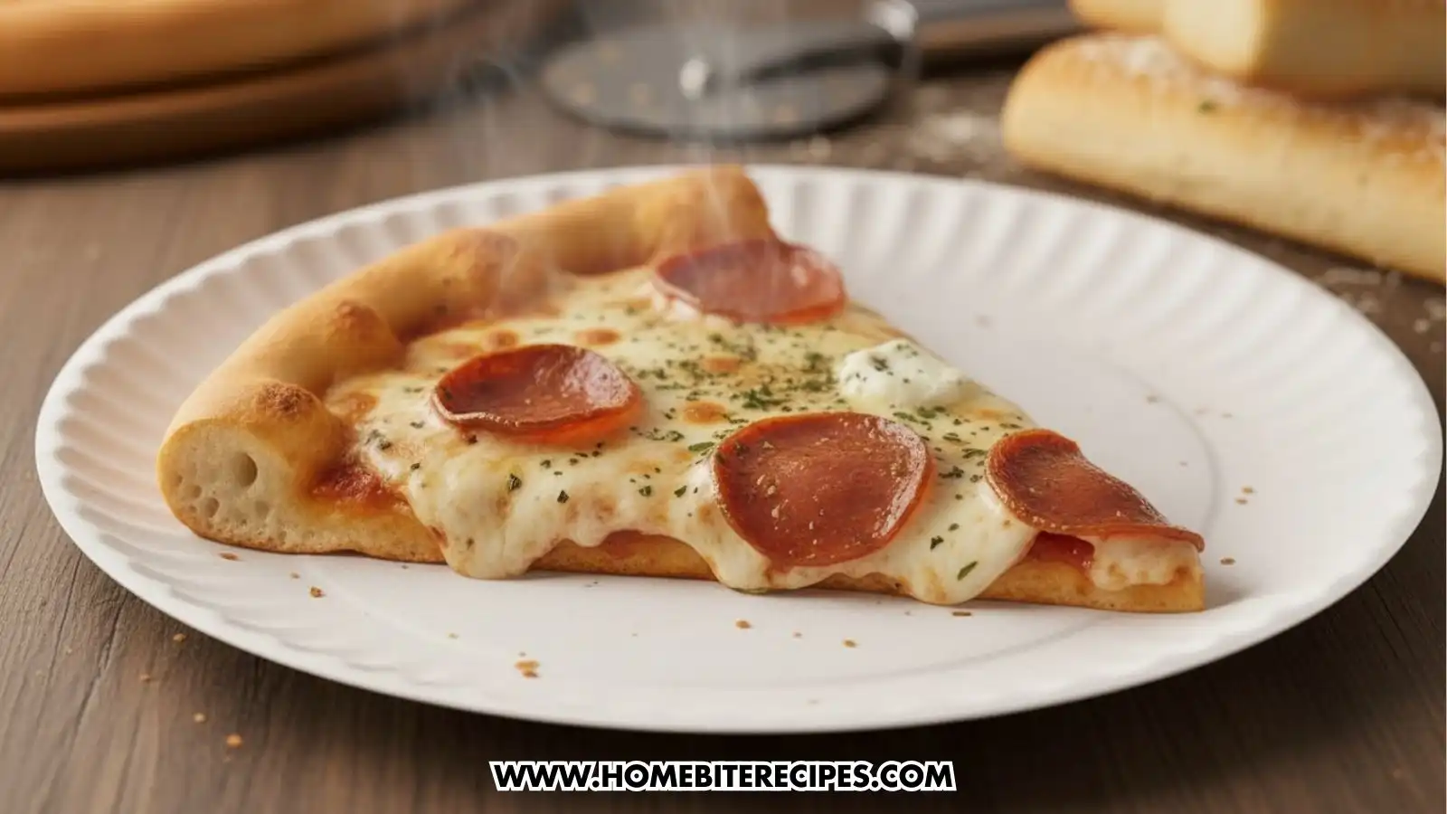 Slice of homemade Cheesy Pepperoni Pizza with melted mozzarella cheese stretch and Italian herbs on a golden crust served on a white plate