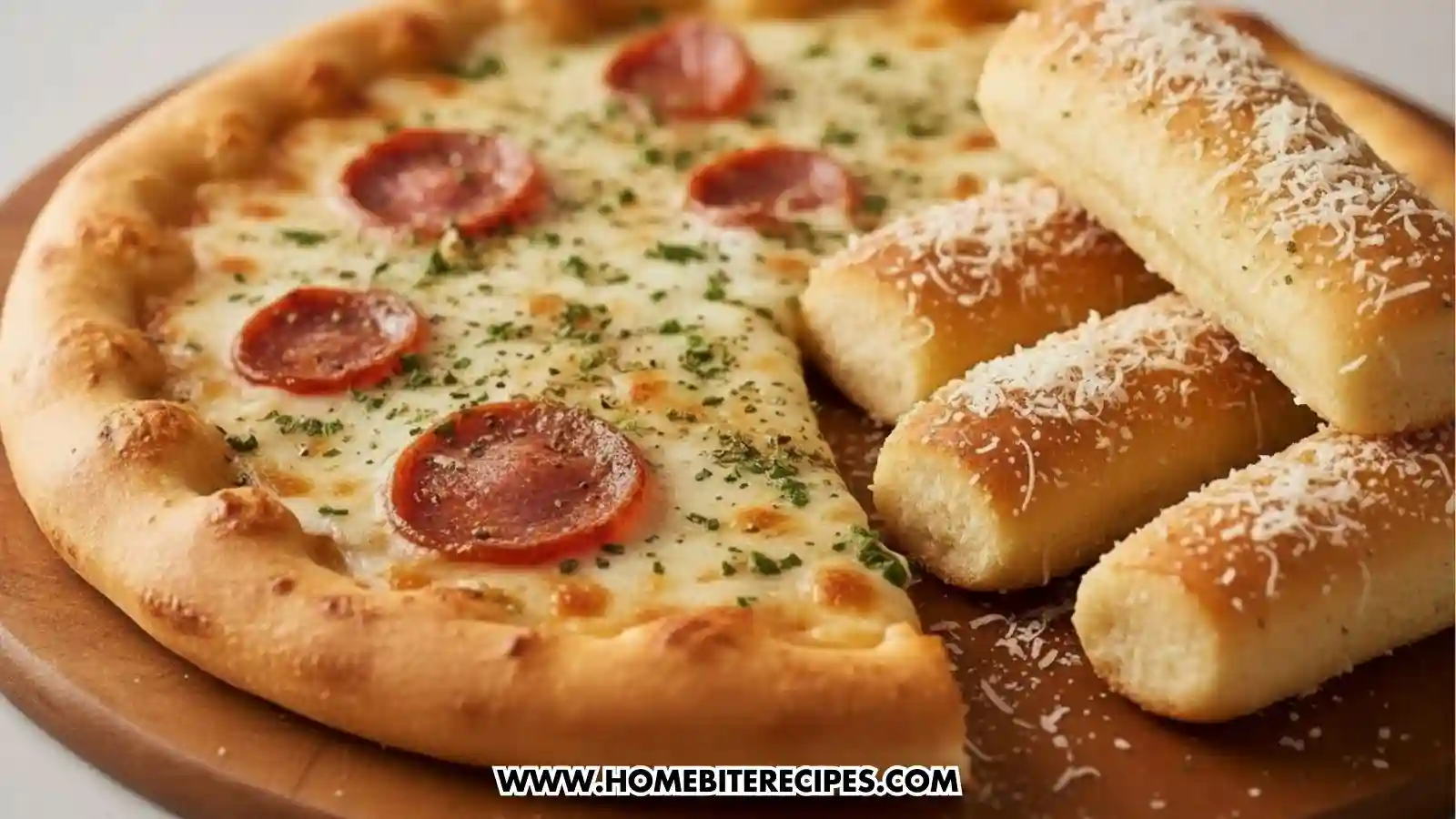 A high-angle, close-up shot of a freshly baked pepperoni pizza and golden-brown breadsticks on a wooden serving board. The pizza features a thick, toasted crust, melted bubbly mozzarella cheese, and scattered pepperoni slices topped with fresh green herbs. Beside the pizza are four thick breadsticks heavily dusted with grated Parmesan cheese