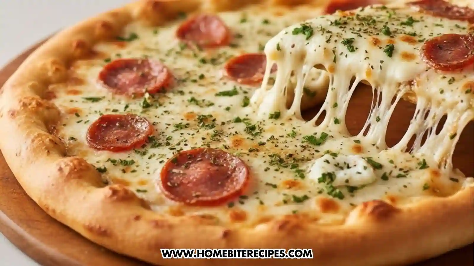 Slice of homemade pepperoni pizza with melted mozzarella cheese stretch and Italian herbs on a golden crust.