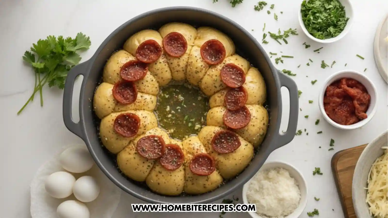 An Unbaked Pull Apart Pepperoni Bread Wreath in baking dish with its ingredients such as shredded mozzarella, mini beef pepperoni slices, refrigerated biscuit dough, garlic, melted butter, Italian seasoning, paprika, parmesan, and fresh parsley arranged neatly on a white marble surface