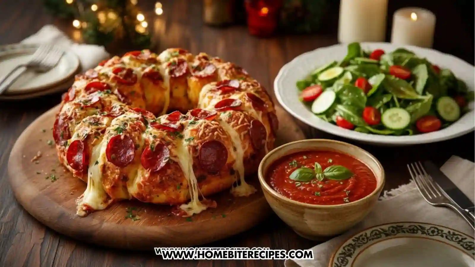 A Pull Apart Pepperoni Bread Wreath with warm marinara sauce and A crisp green salad containing fresh cucumber slices, cherry tomatoes, mixed greens, and a lightly seasoned vinaigrette.