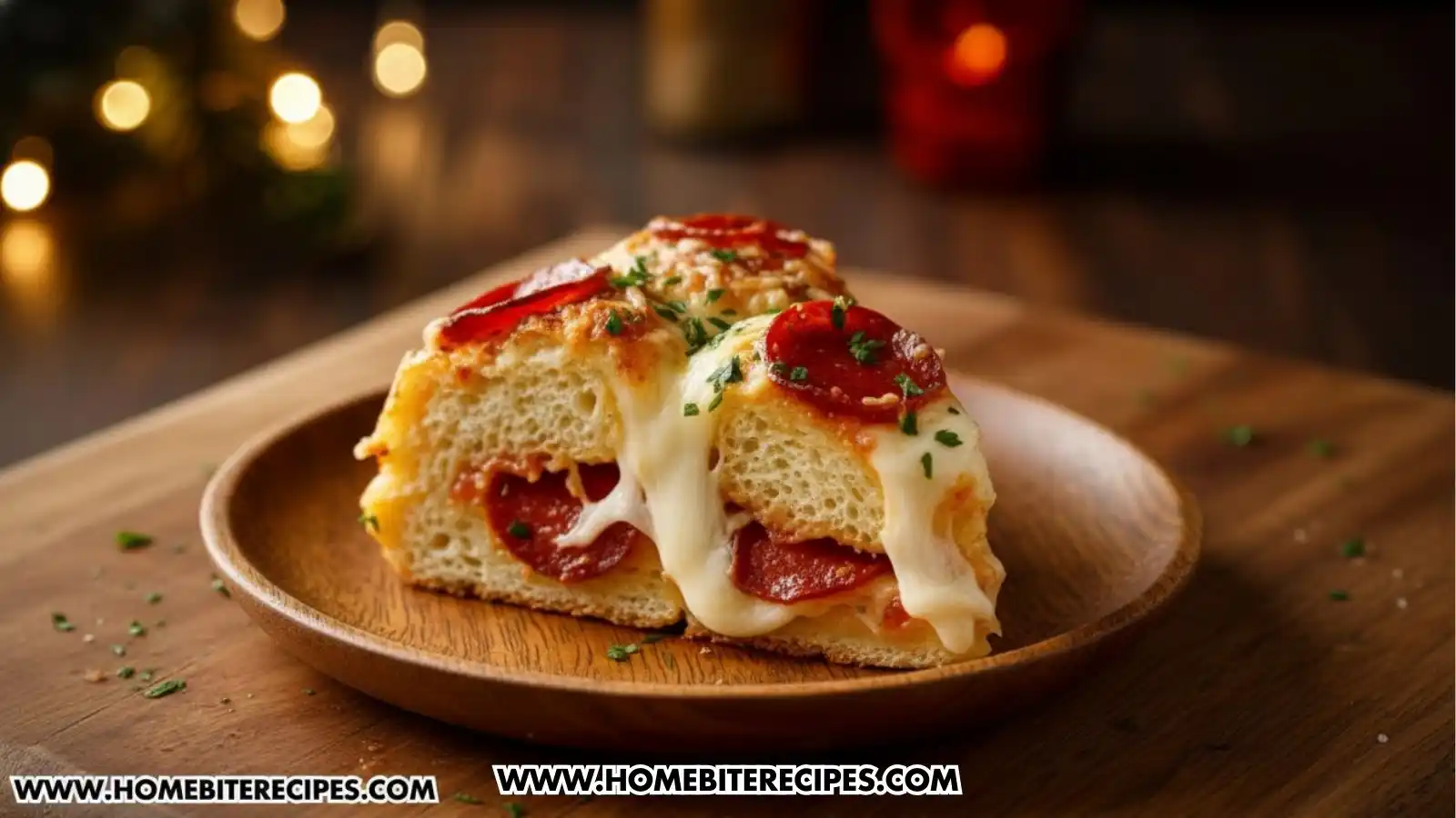 a cheesy and gloden slice of pull-apart bread wreath loaded with melted mozzarella, beef pepperoni slices, garlic butter, and fresh herbs, with cheese stretching