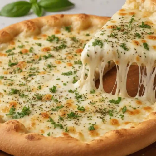 Slice of cheesy white garlic pizza with stretchy melted mozzarella, creamy garlic sauce, and golden crust, garnished with herbs.