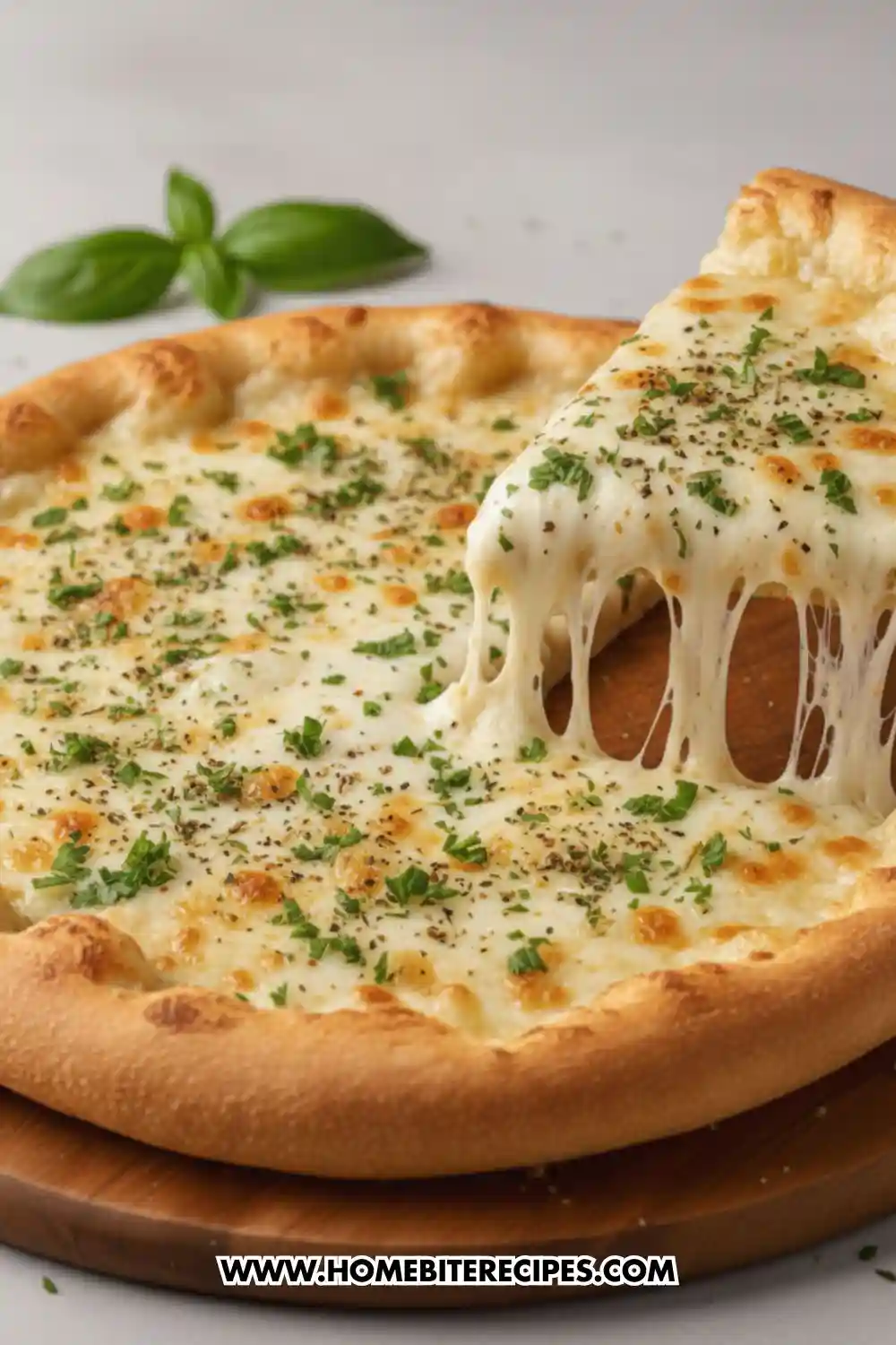 Slice of cheesy white garlic pizza with stretchy melted mozzarella, creamy garlic sauce, and golden crust, garnished with herbs.