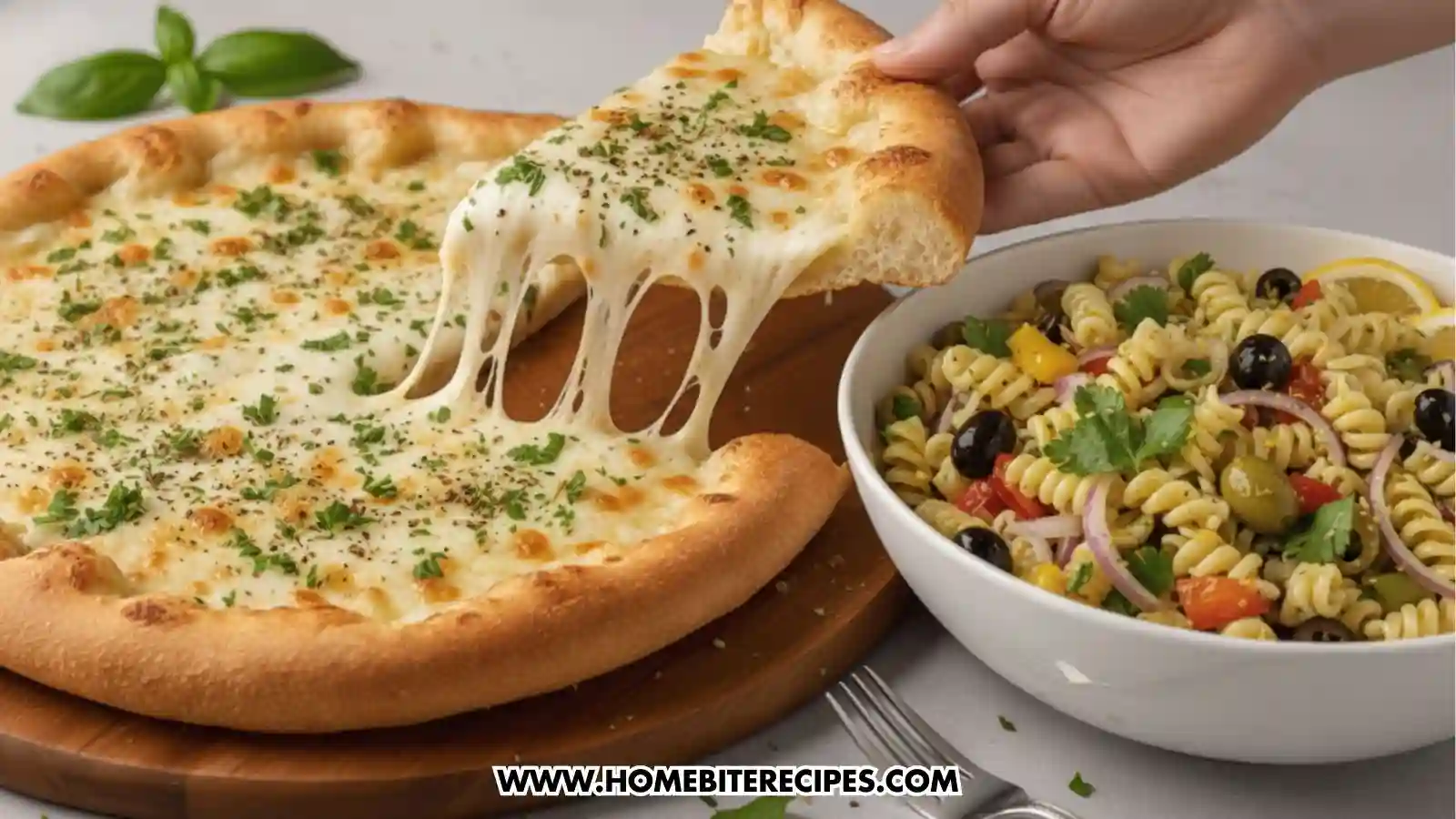 Slice of cheesy white garlic pizza with stretchy melted mozzarella, creamy garlic sauce, and golden crust, garnished with herbs served along side a light pasta salad with herbs, olives, and a citrus-based dressing