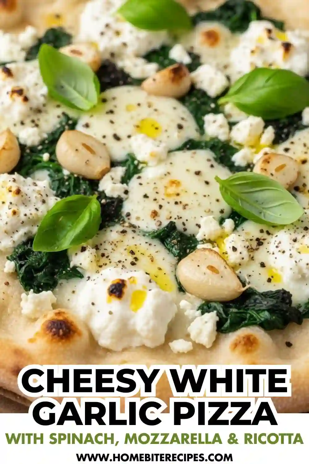 Cheesy white garlic pizza topped with spinach, melted mozzarella, creamy ricotta, roasted garlic cloves, and fresh basil on a golden pizza crust.