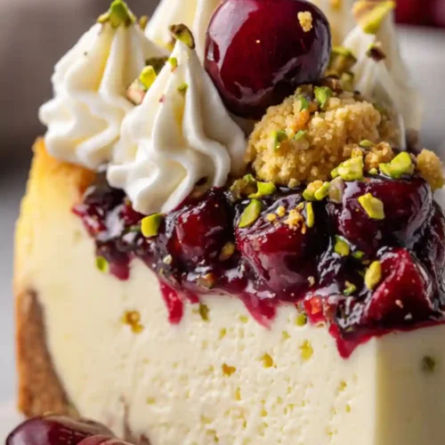 Slice of creamy cheesecake topped with glossy cherries, piped whipped cream, pistachios, and crumbled topping on a graham crust.