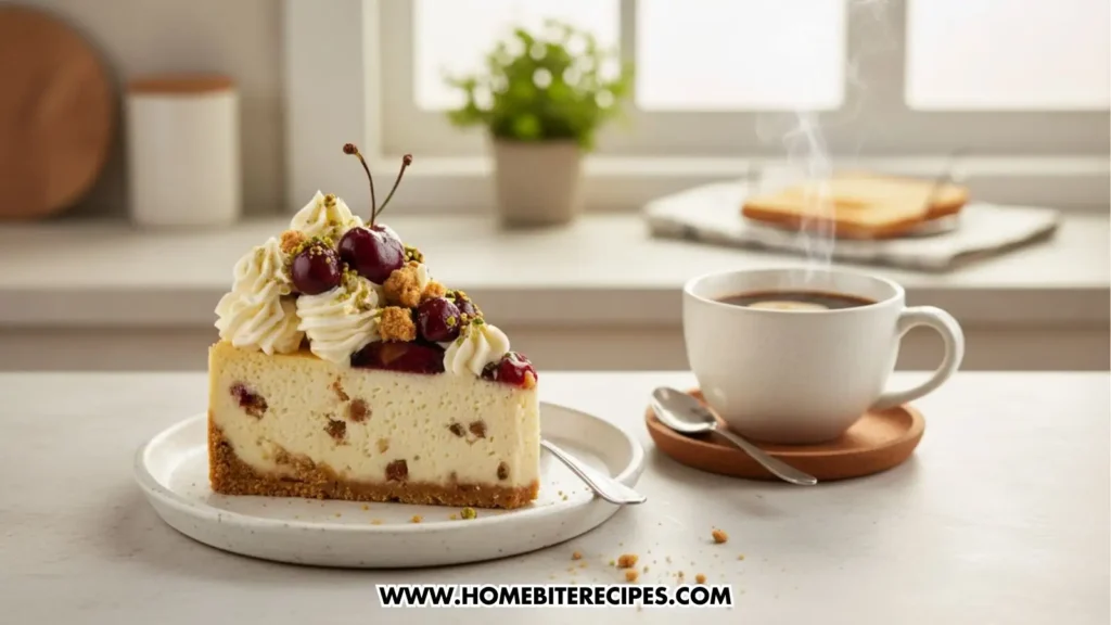 Slice of Creamy Cherry Pistachio Cheesecake topped with glossy cherries, piped whipped cream, pistachios, and crumbled topping served with Hot Coffee for breakfast