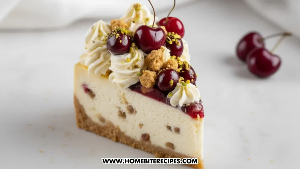 Slice of creamy cheesecake topped with glossy cherries, piped whipped cream, pistachios, and crumbled topping on a graham crust.