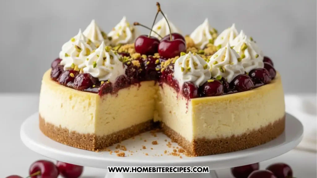 Close up of a hole Cherry Pistachio Cheesecake topped with glossy cherries, piped whipped cream, pistachios, and crumbled topping on a white cake stand. A slice of the cheesecake is taken off.