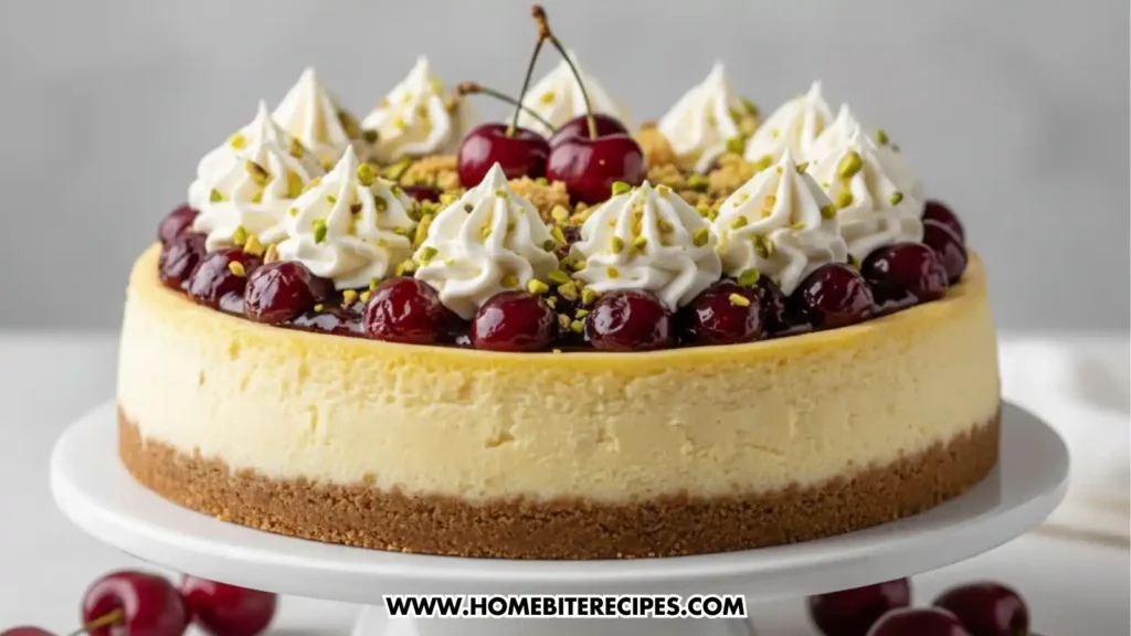 Close up of a hole Cherry Pistachio Cheesecake topped with glossy cherries, piped whipped cream, pistachios, and crumbled topping on a white cake stand