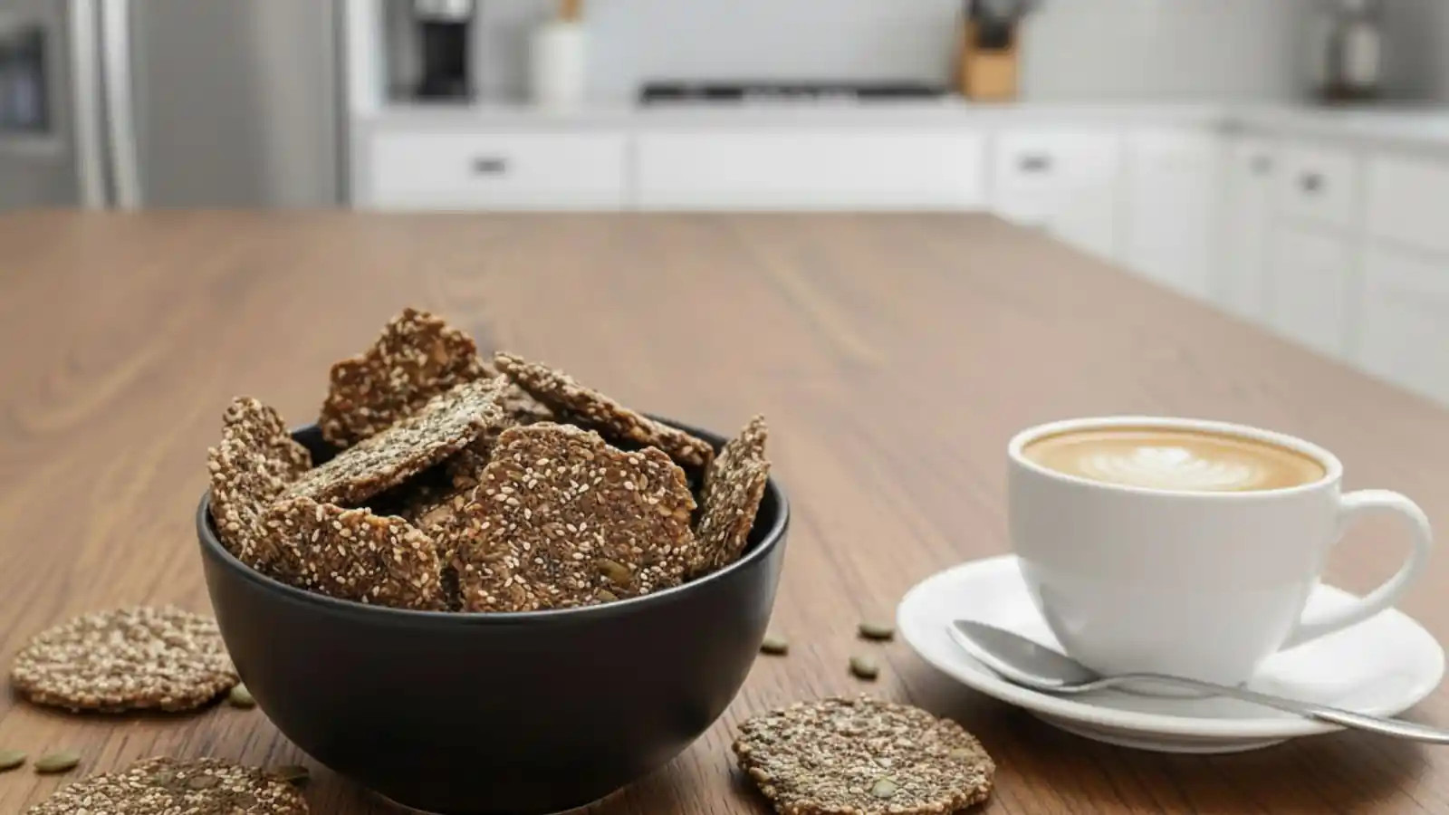A bowl of crispy, homemade Chia Flax Seed Crackers showing a rich texture of sesame, chia, and flax seeds with cup of coffee.