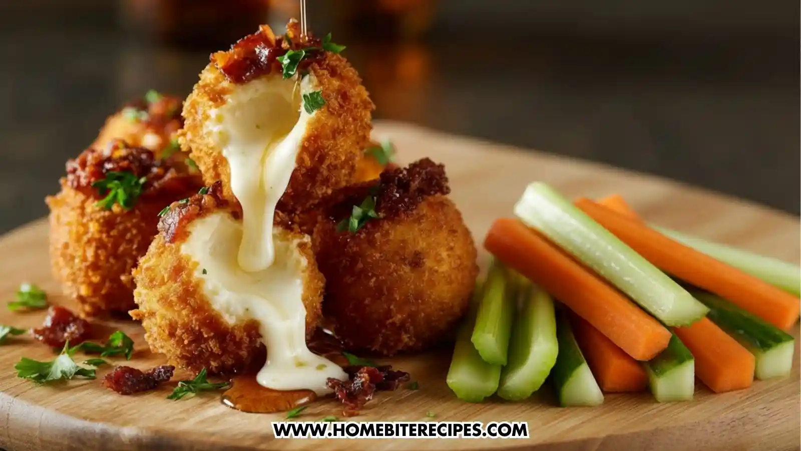 Close-up of crispy buffalo chicken mozzarella bombs filled with melted cheese, topped with bacon and herbs, dripping with sauce.