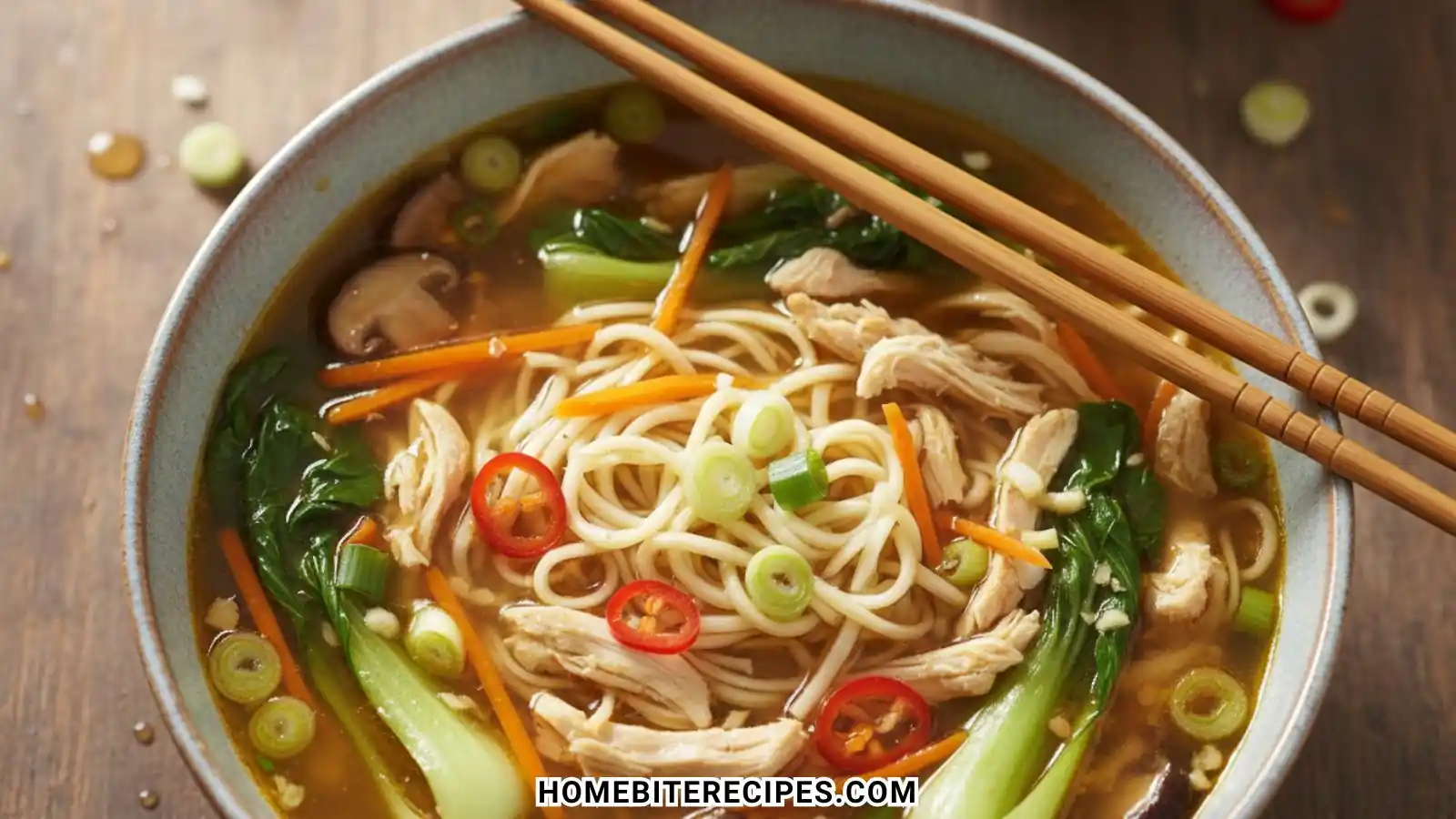 A close-up bowl of Chicken Noodle Soup with Ginger Scallion featuring ramen noodles, shredded chicken, sliced carrots, and fresh bok choy.