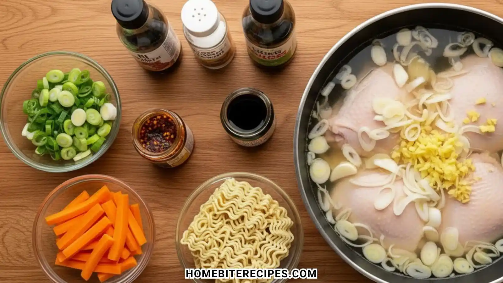A flat-lay arrangement of fresh ingredients for Chicken Noodle Soup with Ginger Scallion including raw chicken thighs, ramen noodles, fresh ginger, and sliced scallions.