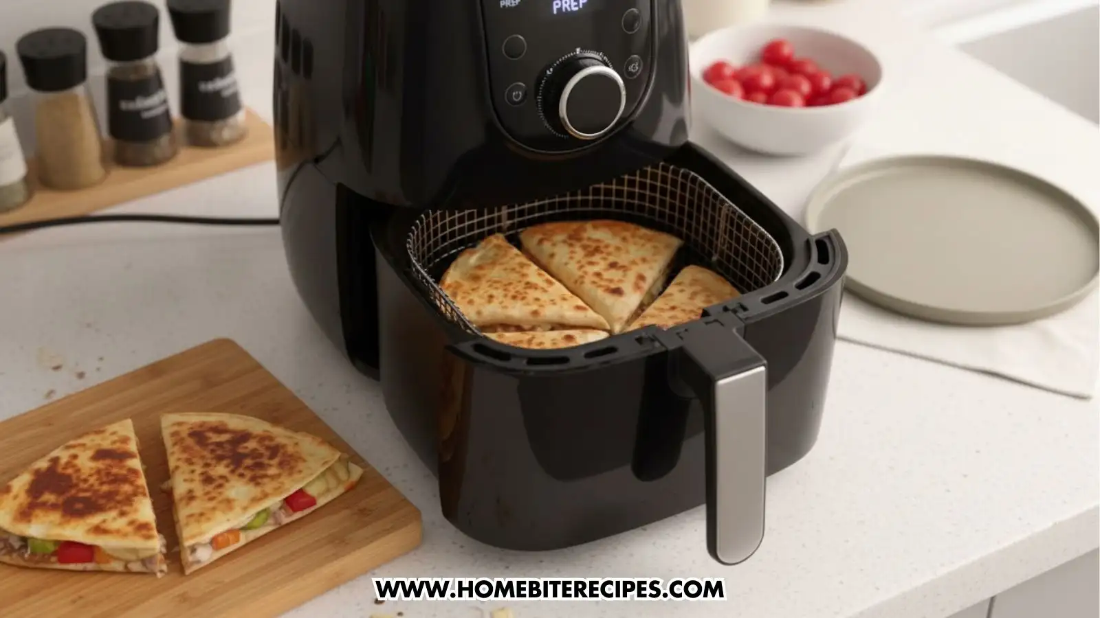 A close-up of a black air fryer with its basket pulled out, revealing several golden-brown quesadilla wedges arranged inside for reheating. On the counter to the left, two more wedges sit on a small wooden board, showing the colorful chicken and vegetable filling.