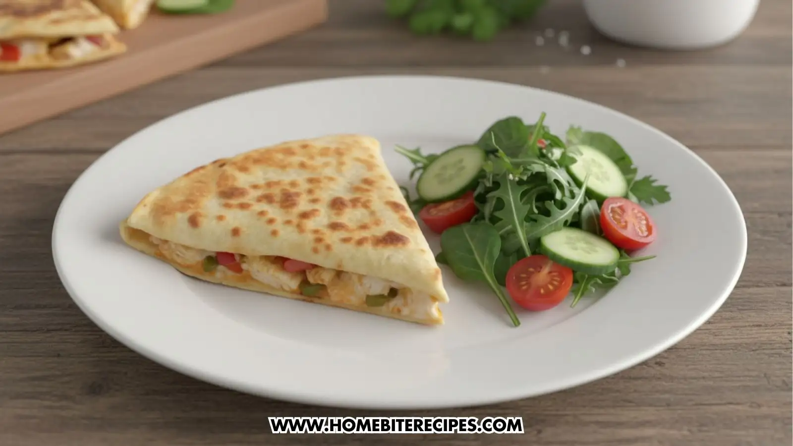 A white plate holding a single, perfectly toasted quesadilla wedge filled with chicken and melted cheese. It is served alongside a fresh side salad of arugula, sliced cucumbers, and cherry tomato halves. The background shows a soft-focus wooden tabletop.