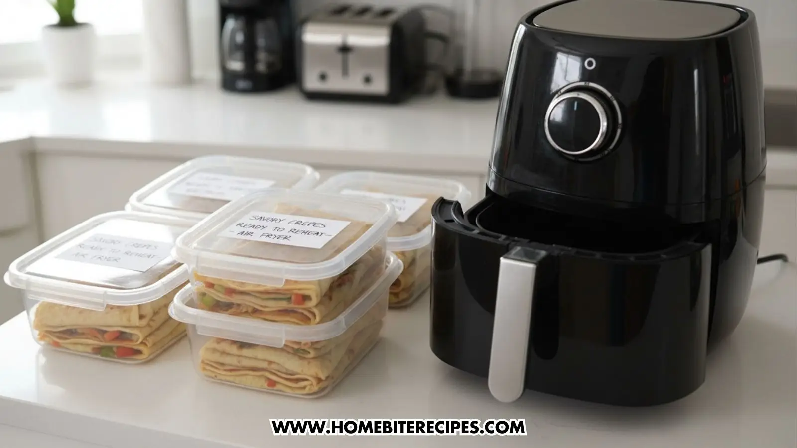 A kitchen counter featuring four clear plastic meal prep containers filled with stacked savory crepes/quesadillas. Each container has a white label that reads "Savory Crepes - Ready to Reheat - Air Fryer." To the right is a black air fryer with its basket slightly open, positioned in a bright, modern kitchen.