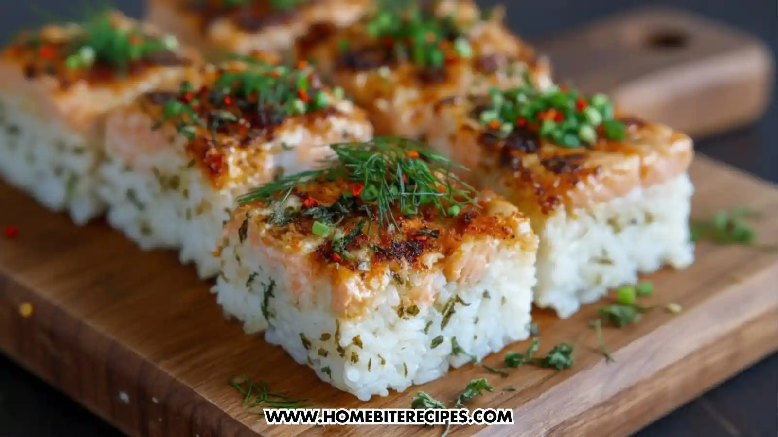 Baked salmon sushi squares topped with chili, garlic, herbs, and sesame seeds on a wooden board.