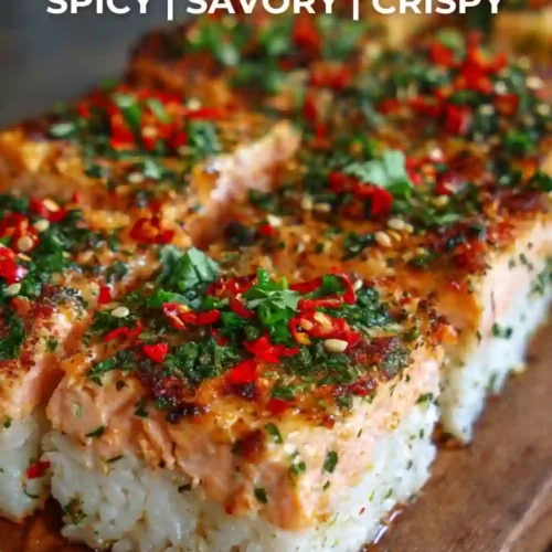 Baked salmon sushi squares topped with chili, garlic, herbs, and sesame seeds on a wooden board.