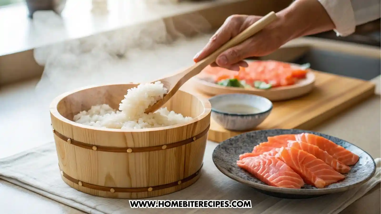 A hand preparing sushi rice in a wooden hangiri bowl, gently mixing the steaming rice with a rice paddle. Next to it sits a small ceramic bowl filled with fresh, vibrant salmon slices.